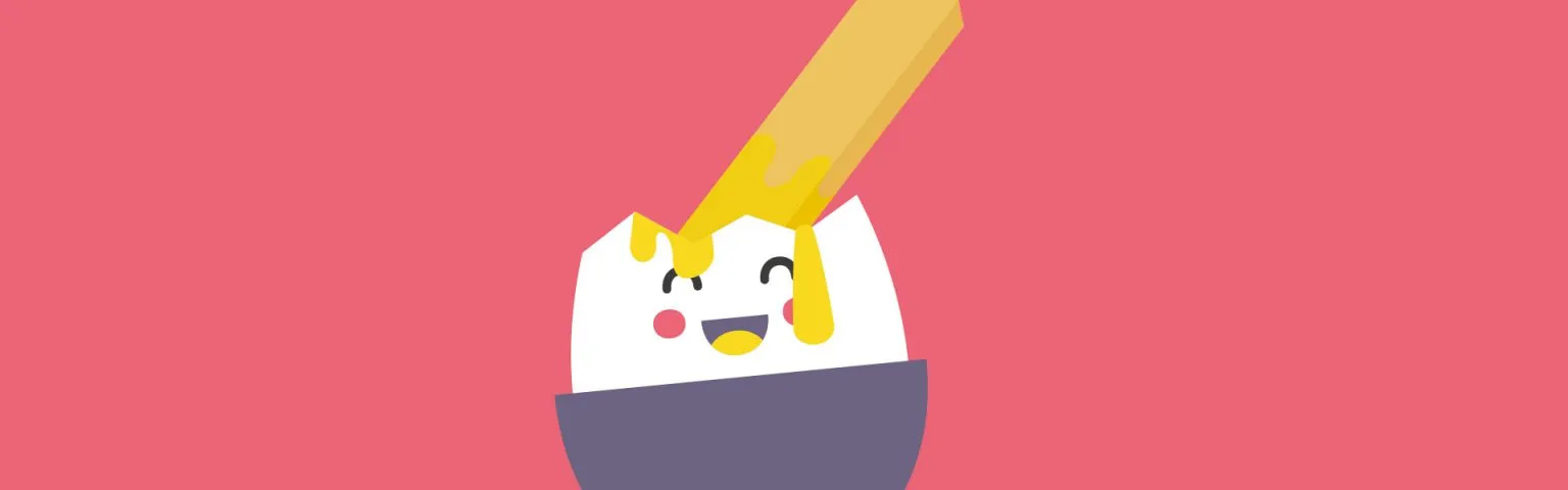 A cheerful illustration of a cute, soft-boiled egg with a smiling face in an egg cup. A breadstick dipped in yolk is being dipped into the egg, set against a vibrant pink background.