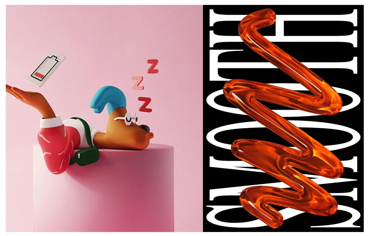 A digital illustration depicts a tired cartoon dog character with a low battery symbol above its head, lying on its back on a pink pedestal. Next to it, there's an abstract orange 3D shape set against a black background with the word "SMOOTH" in white tex