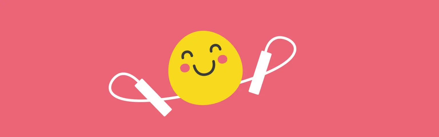 A cheerful yellow egg-shaped character with a smiling face and pink cheeks is depicted skipping rope. The background is a solid pink color.
