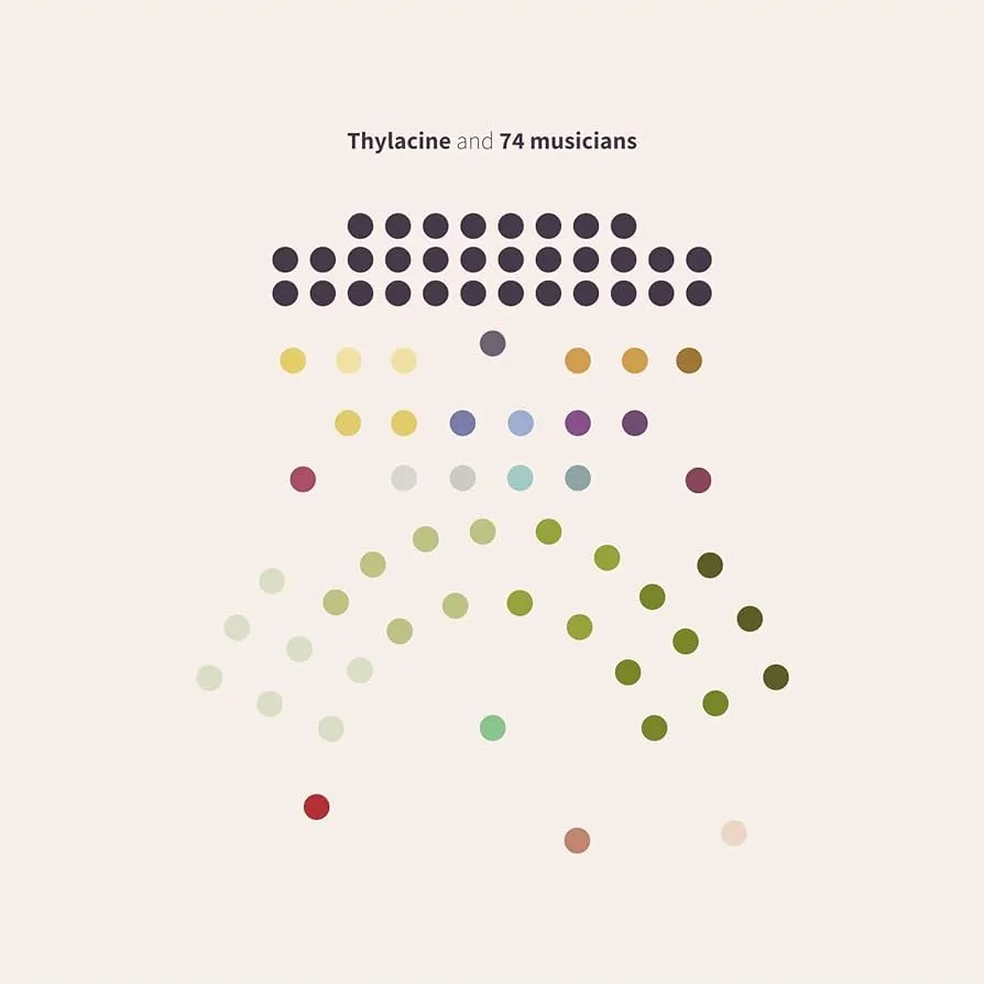 A minimalist poster featuring a caption "Thylacine and 74 musicians" at the top. Below, there are multiple rows of colored dots, arranged in a pattern forming an abstract shape, using various colors like green, red, blue, purple, and yellow.