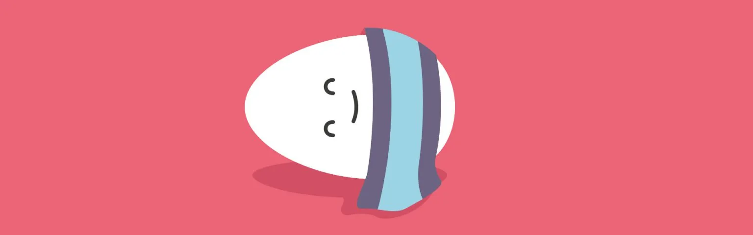 A white oval-shaped cartoon character with a simple smiling face rests on a red background. A blue and purple striped blanket partially covers its face.