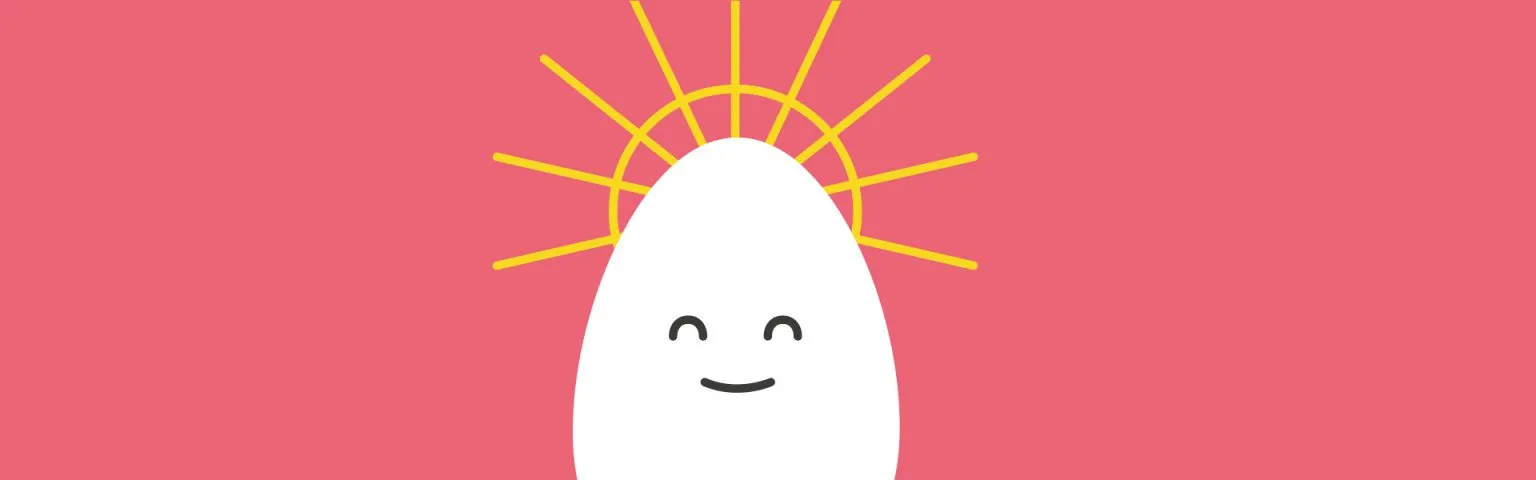 Illustration of a smiling, minimalist white egg with simple facial features on a pink background. Yellow lines radiate from the top half of the egg, resembling rays of sunlight.