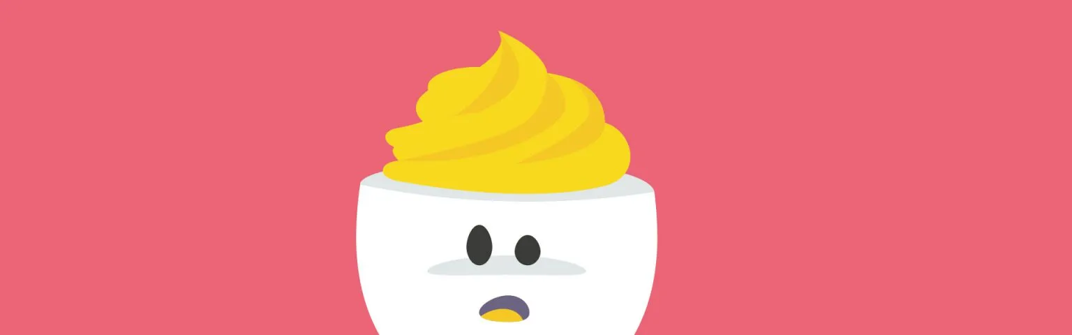 Cartoon image of an egg white with a yellow swirl on top, resembling the yolk, with a surprised expression. The background is solid pink.