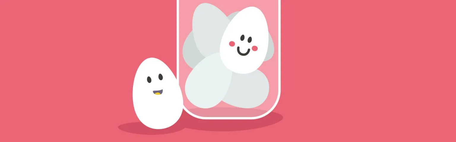 Illustration of two cartoon eggs with faces. One egg is standing outside a transparent cup, smiling with an open mouth. The other egg is inside the cup, also smiling with closed eyes and visible blushing cheeks. The background is a solid pink color.