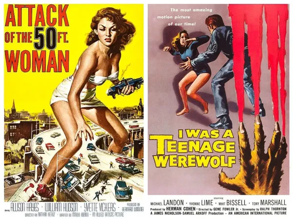 A composite image of two classic movie posters: "Attack of the 50 Ft. Woman" featuring a giant woman in a white bikini, holding a car, and "I Was a Teenage Werewolf" depicting a terrified woman and a werewolf with a bloody claw.