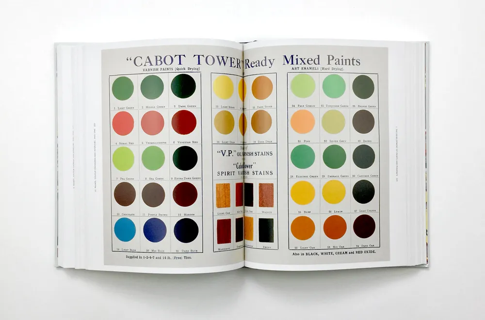 An open book showing a paint chart from "Cabot Tower Ready Mixed Paints." It displays various colored circles representing different paint shades, labeled with names like Light Green, Leaf Green, and Olive Green. There are also rectangles with different w