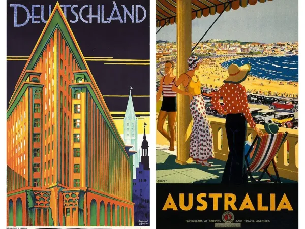 A split image: the left side is a vintage travel poster for Germany featuring a towering illuminated building and the word "Deutschland." The right side shows a vintage travel poster for Australia with a beach scene, sunbathers, and the word "Australia.