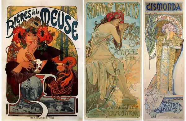 Three vintage Alphonse Mucha art posters. The left poster advertises "Bieres de la Meuse" with a woman holding a goblet and flowers. The center promotes "The Philadelphia Exposition" with a woman in a flowing dress. The right features "Gismonda" with a re