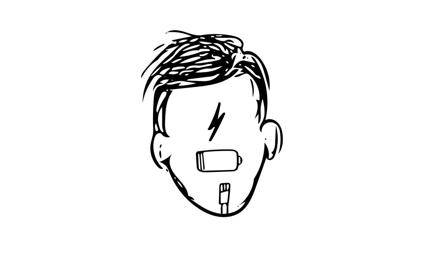A black and white line drawing of a head with stylized features. The head has tousled hair, a lightning bolt on the forehead, a rectangular shape over the mouth area, and a toothbrush sticking out of the chin, creating an abstract and whimsical face.