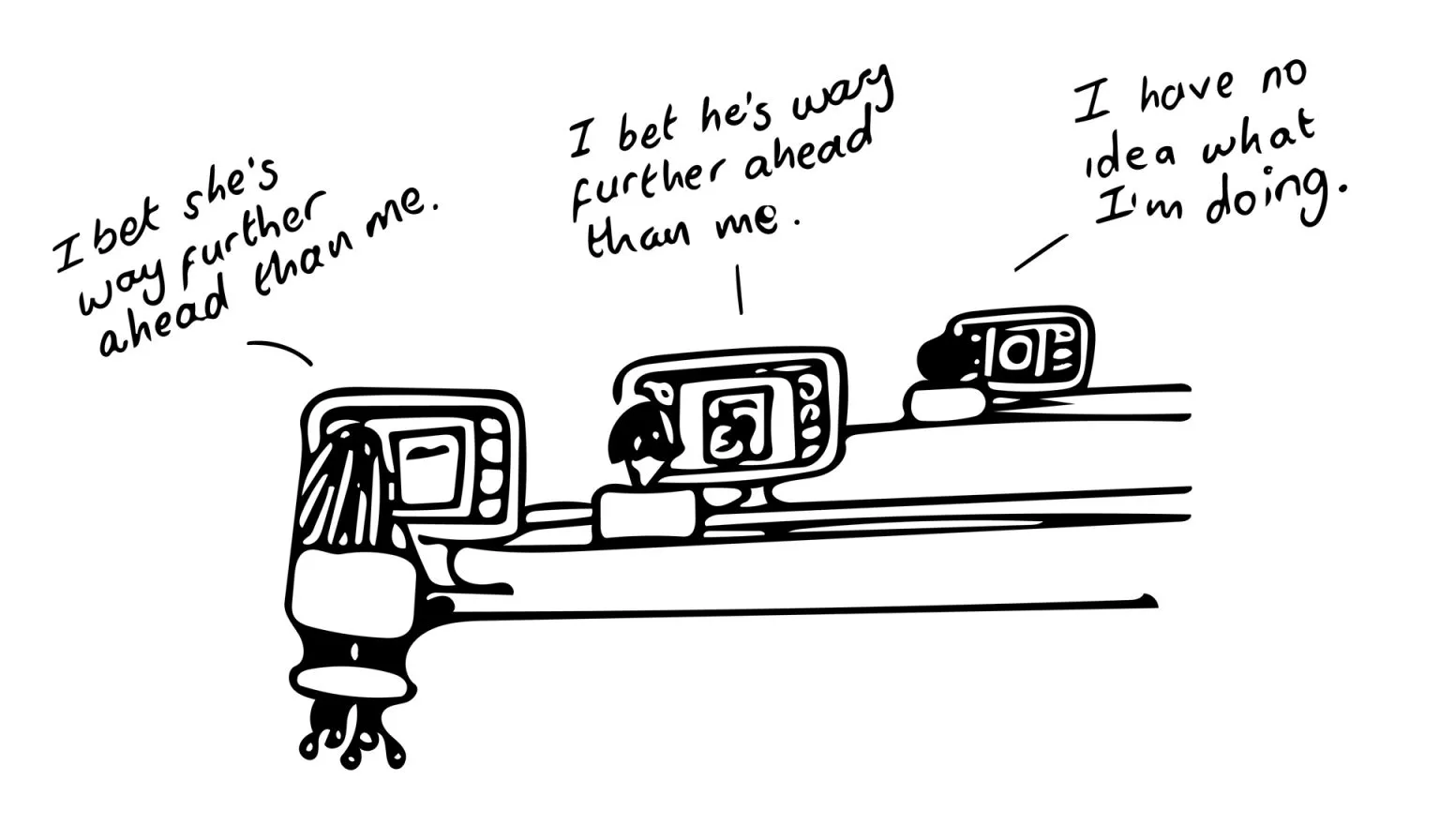 Three people working at separate computer desks. Each person has a thought bubble: the first is thinking, "I bet she's way further ahead than me," the second is thinking, "I bet he's way further ahead than me," and the third is thinking, "I have no idea w