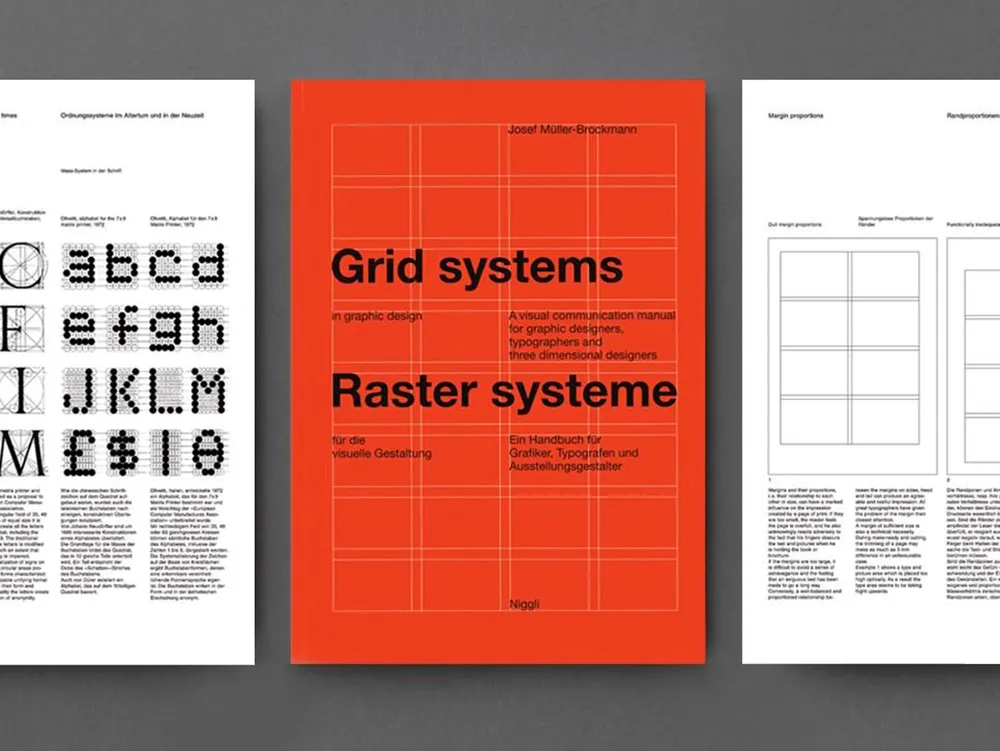 Three graphic design books are displayed side by side. The left book features modular alphabet design, the center book, titled "Grid systems," has a bright red cover, and the right book shows various grid layouts. The background is a plain, neutral gray.