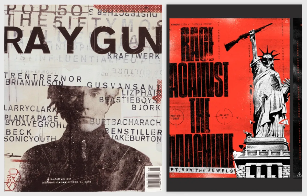 Two posters are shown. The left poster is a magazine cover featuring a grayscale image of a person with text details and song titles layered over it. The right poster has a red background with bold text "Rage Against The Machine" and an image of the Statu