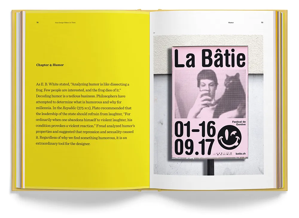 An open book displaying a page with yellow background and text on the left. The right page shows a poster with "La Bâtie" text, dates "01-16 09.17," and an image of a man partially obscured by his hand, embracing a large cat. The book appears to be about