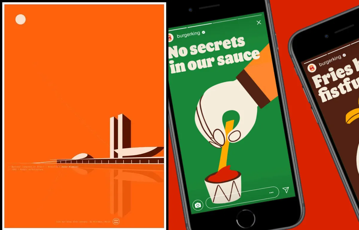 On the left, an orange stylized abstract of a building. On the right, a smartphone screen showing Burger King advertisements, the first reading, "No secrets in our sauce," featuring a hand dipping a fry in sauce, and the second, "Fries by the fistful.