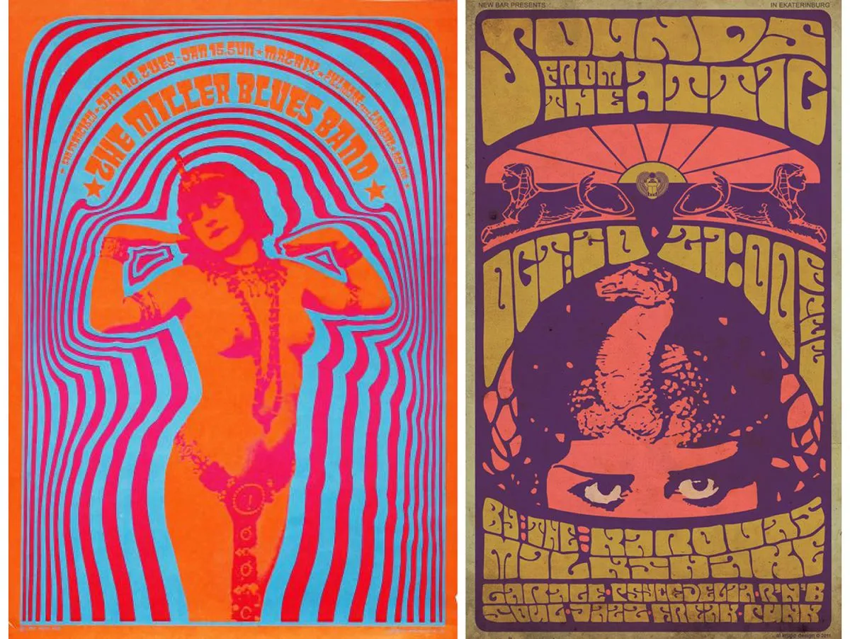 Two colorful psychedelic concert posters are side by side. The left poster features a silhouette of a dancing figure with the text "The Miller Blues Band." The right poster displays an abstract face with "Sounds from the Attic" and other text detailing th