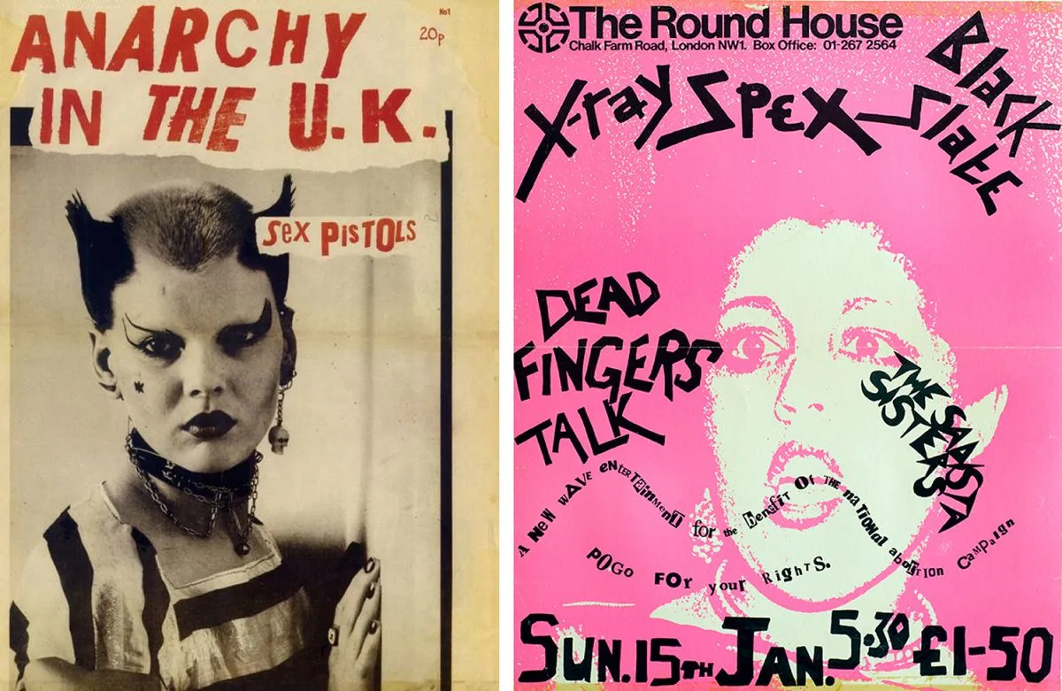 A split image shows two punk rock concert posters. The left poster features a person with a punk hairstyle and makeup, and the text "Anarchy in the U.K.," "Sex Pistols." The right poster features bold text for X-Ray Spex and other bands, with abstract gra