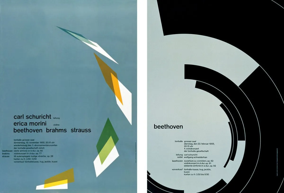 A split design poster featuring abstract shapes and text. On the left, angular shapes in white, yellow, orange, green, and gray float on a blue background. On the right, circular shapes in black and white create a dynamic pattern on a gray background. Tex
