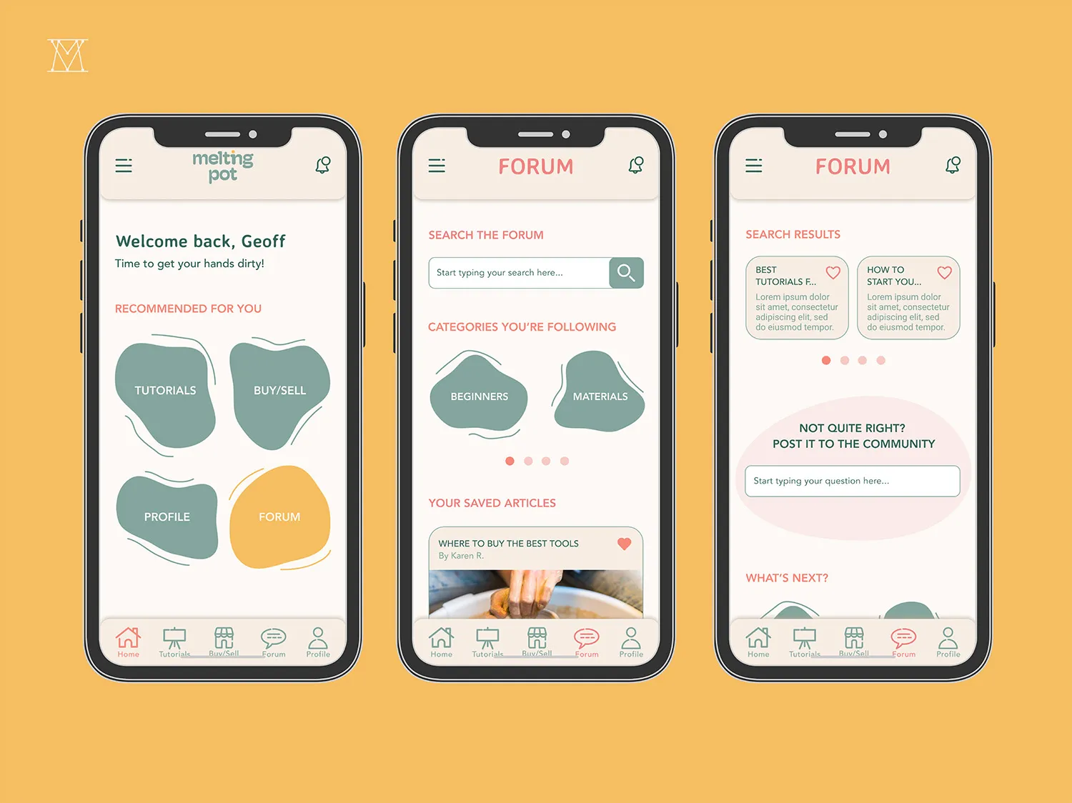 Three smartphone screens display different pages of a mobile app. The first screen shows "Welcome back, Geoff" with navigation icons for tutorials, buy/sell, profile, and forum. The middle screen shows a forum with categories, while the third screen shows