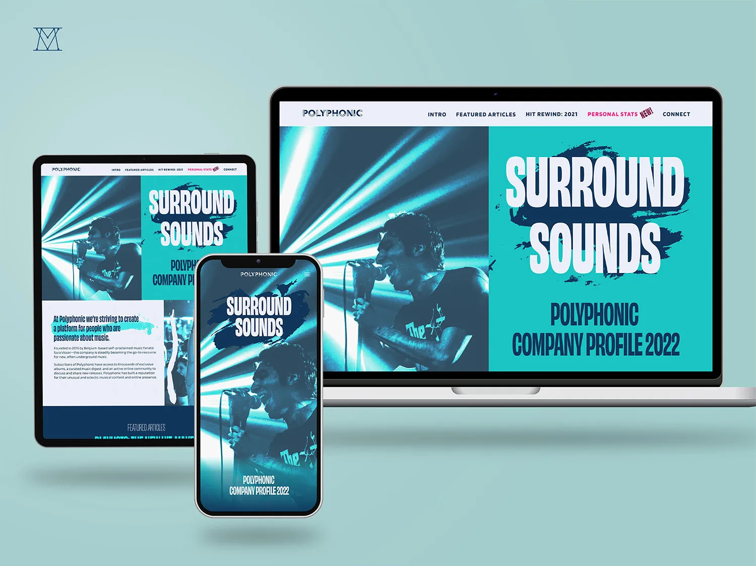 A digital mockup displays a company's website titled "Surround Sounds." The website is shown on a laptop, tablet, and smartphone screen, each featuring the same main page with an image of a person singing into a microphone under blue lighting.