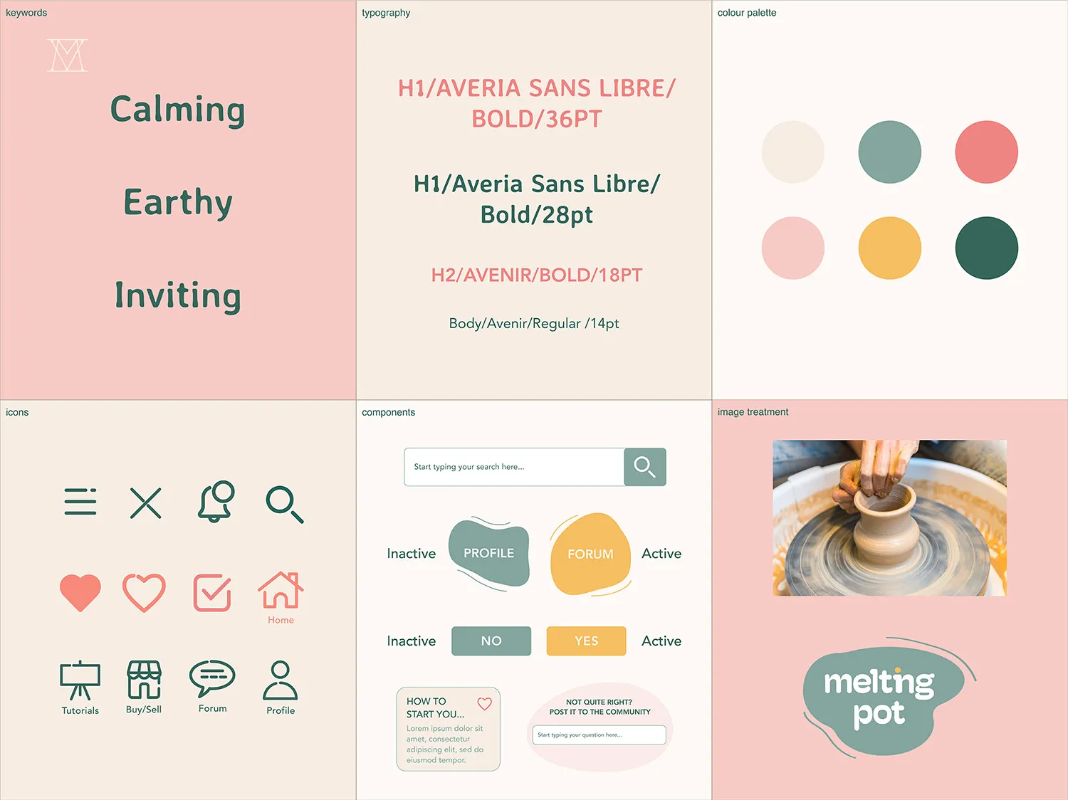 A design mood board is divided into six sections, featuring keywords such as calming, earthy, and inviting; font samples; a color palette; various icons; UI components; and an image of hands sculpting clay on a pottery wheel. The bottom right section has