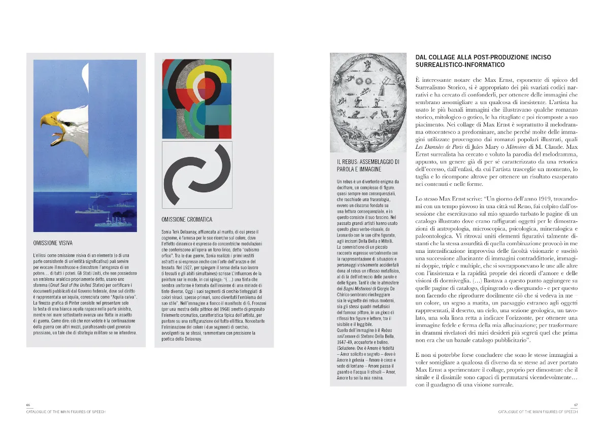 An open book showing two pages with text and images. The left page features two images: one with a falcon, and another abstract image. The right page includes text and a circular image with symbols. The content appears to be in Italian, discussing art and
