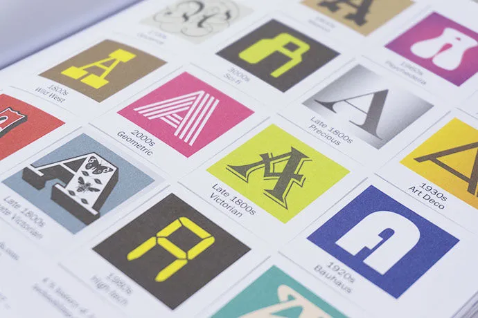 A close-up of a printed page showcasing a variety of letter "A" designs in different fonts and styles. Each design is contained within a small, square box, displaying diverse typography styles ranging from geometric to Victorian, Art Deco, and others.