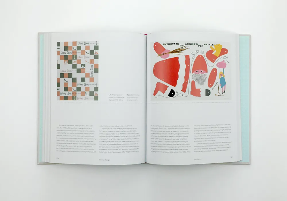 An open book showing two pages. The left page features a colorful square pattern with text, while the right page displays abstract, colorful shapes, including red, pink, and yellow forms, and a small figure. Both pages contain descriptive text at the bott