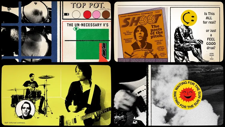 A collage of retro-style graphics and photos. It includes drum sets, album covers, and a magazine cover with musicians playing guitars and drums. There are various text elements, including “Top Pot,” “The Un-Necessary V’s,” and “Waiting for the Sun.”.
