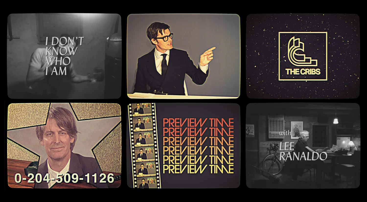 A collage of six retro-styled images: a person standing with text "I DON'T KNOW WHO I AM", a person in a suit pointing, a logo for "THE CRIBS", a person smiling with a phone number, text reading "PREVIEW T/ME" multiple times, and "with LEE RANALDO".