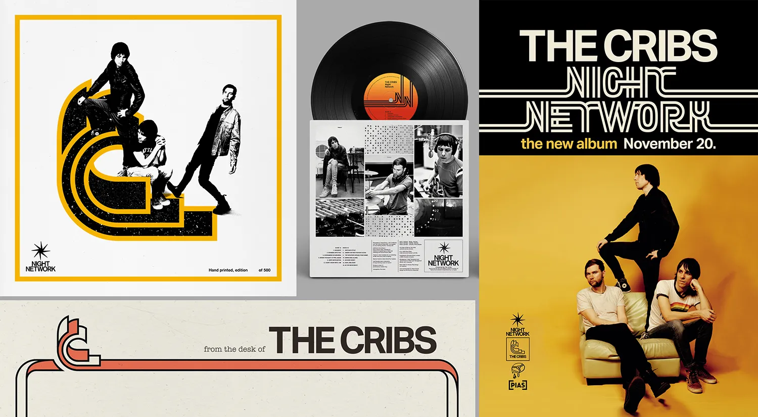 A promotional collage for The Cribs' album "Night Network" featuring album art, a vinyl record, band photos, and a flyer. The dominant colors are black, white, and yellow, with retro-inspired graphics and text highlighting the album release date of Novemb