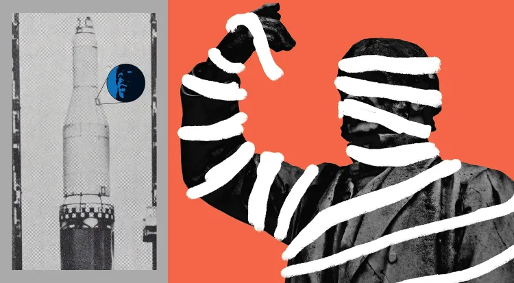 An abstract collage features a black and white image of a rocket on the left, partially overlaid with a blue circular shape containing a white human profile silhouette. On the right, a statue is wrapped in white bandages against an orange background.