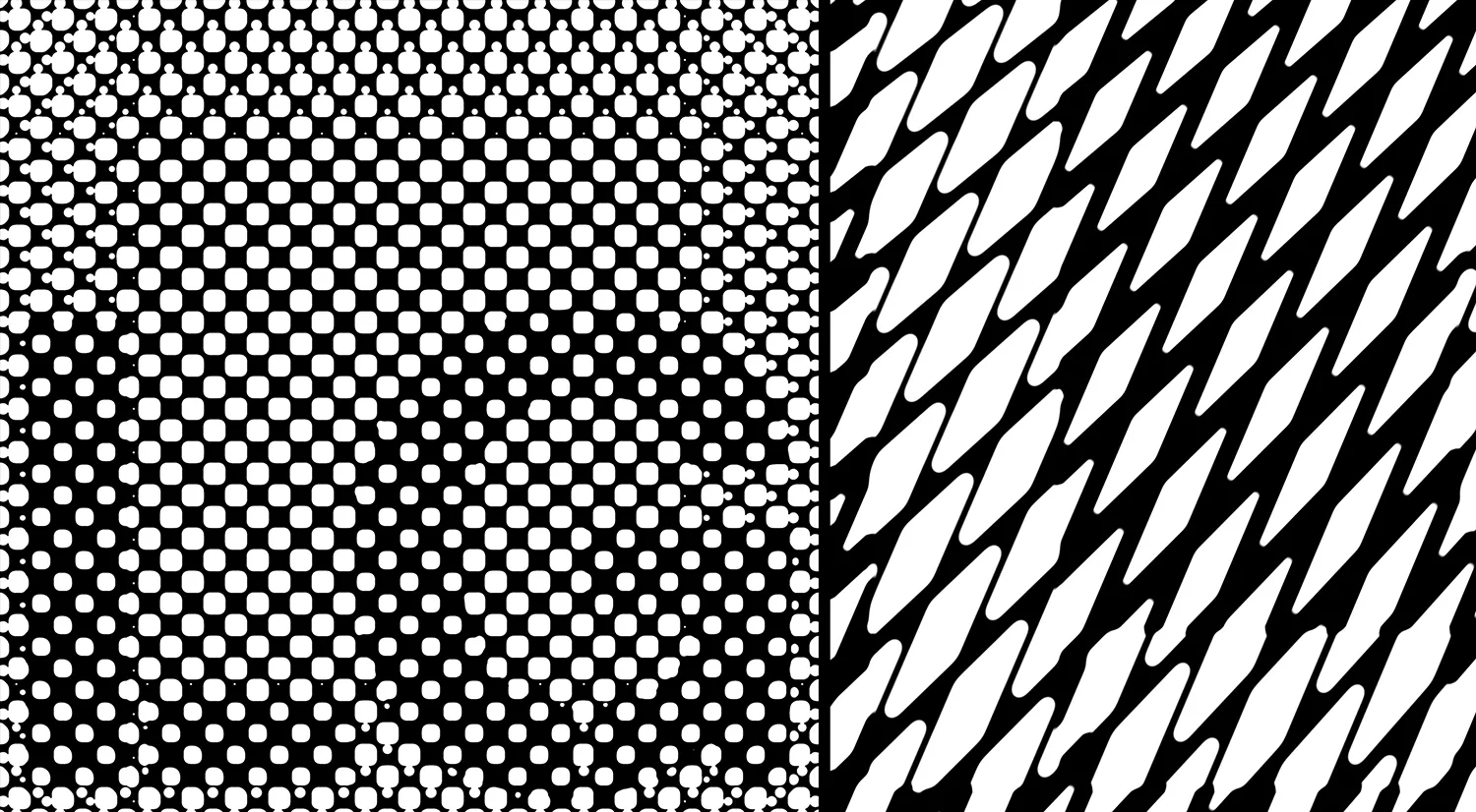 The image features two contrasting black and white patterns. The left side has a hexagonal grid with black dots, creating a gradient effect. The right side displays a diagonal zigzag pattern with alternating thick black and white lines.