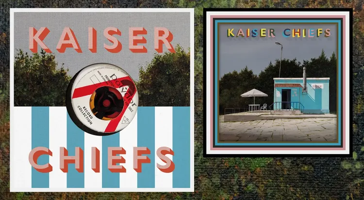 An image displaying two Kaiser Chiefs album covers. The one on the left features bold, red letters spelling "KAISER CHIEFS" above a record peeking out from a blue and white striped background. The cover on the right shows an empty scene with a small blue