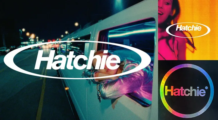 A collage featuring "Hatchie" in bold, white text on multiple backgrounds. The left side shows a person leaning their arm out of a limousine window at night. To the right, there are bright, colorful elements with the name "Hatchie" prominently displayed i