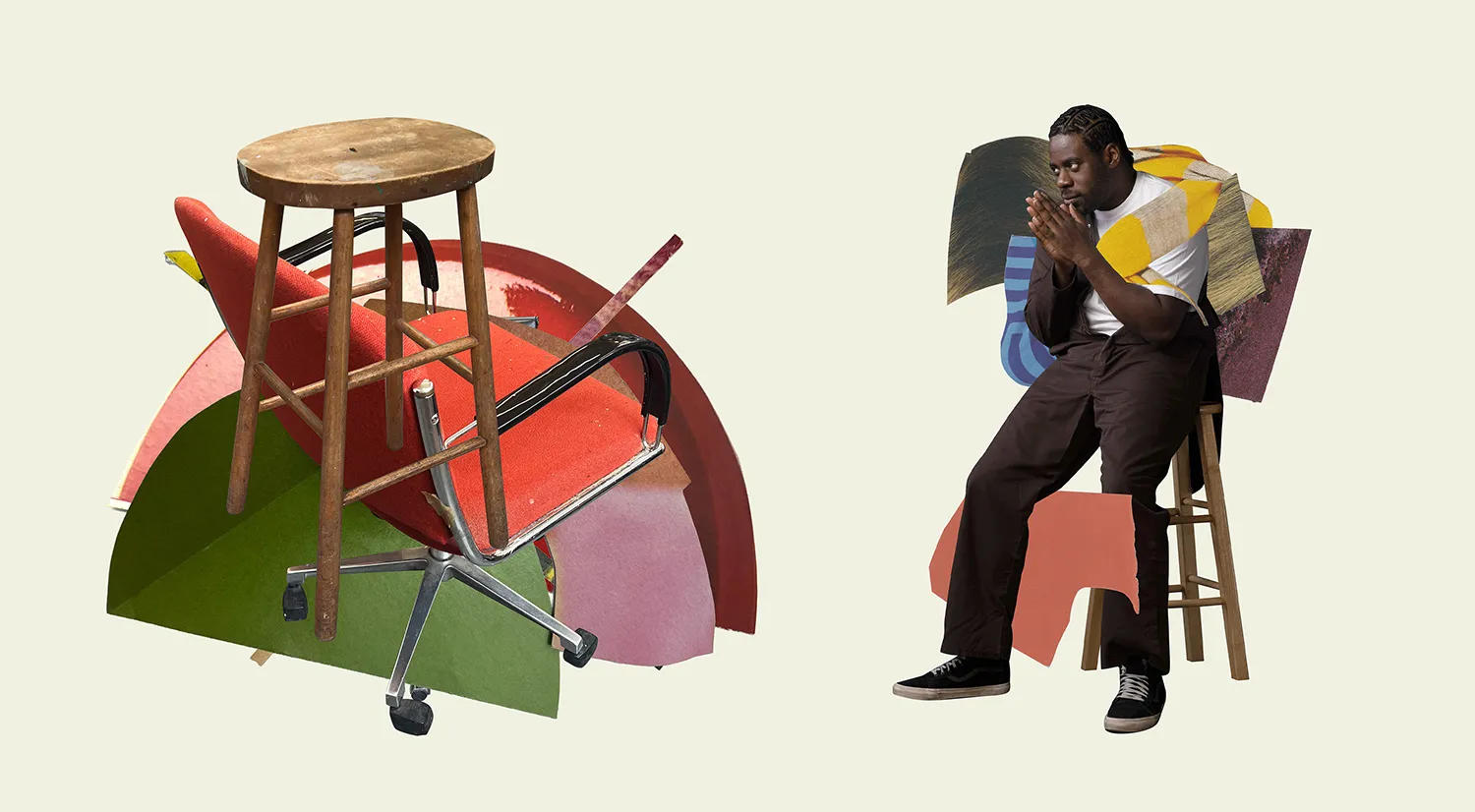 An artwork shows a person sitting on a wooden stool on the right, with hands clasped and leaning forward. On the left, a chaotic pile of multicolored geometric shapes and various chairs, including a red chair and a wooden stool, is depicted.